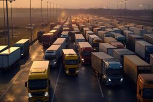 a long traffic jam of many trucks at the border , a long wait for customs checks between States due to the coronavirus epidemic, increased sanitary inspection of cargo transport photo