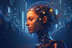 Cyborg woman with deep space and circuit design background photo