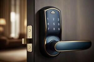 Locking smartlock on the entrance door using a smart phone remotely. Concept of using smart electronic locks with keyless access photo