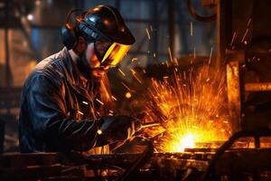 Welder on steel structure in factory photo