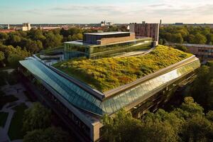 Sustainble green building. Eco-friendly building. Sustainable glass office building with tree for reducing carbon dioxide. Office with green environment. Corporate building reduce CO2. photo