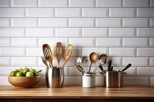 Crockery, tableware, utensils and other different stuff on wooden table-top. Kitchen still life as background for design. photo