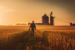 Farmer walking through golden wheat field and checking the harvest Generative AI photo