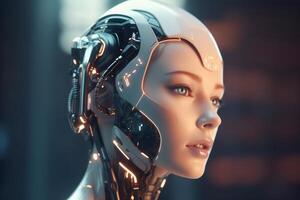 White woman cyborg on blurred background using digital chart interface 3D rendering photo