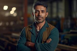 Portrait of construction worker in uniform is in the factory. photo