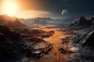 Alien planet fantasy wallpaper landscape 3D illustration with copy space Generative AI photo