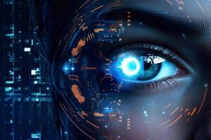 Close up of woman eye in process of scanning photo