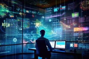 Professional IT Technical Support Specialists and Software Programmer Working on Computers in Monitoring Control Room with Digital Screens with Server Data, Blockchain Network photo