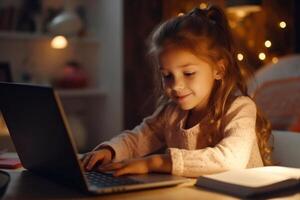 Distant Education. Adorable Little Girl In Headphones Using Laptop In Kitchen, Sitting At Table And Showing Thumb Up At Camera, Female Child Study Online With Computer photo