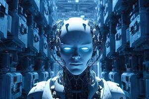 Robot on a modern city background. A concept of artificial intelligence for the industrial revolution and the automation of manufacturing processes. photo