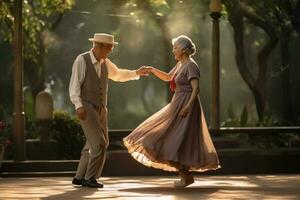Carefree happy active old senior couple dancing jumping laughing in living room, cheerful retired elder husband holding hand of mature middle aged wife enjoy fun Generative AI photo