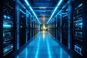 Dark servers data center room with storage systems and digital graphs and charts 3D rendering Generative AI photo