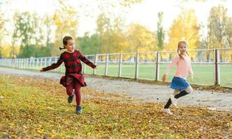 dos pequeño muchachas en otoño parque foto