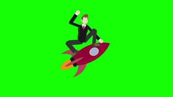 happy successful businessman flying on rocket animation green screen background, entrepreneur achievement success concept video