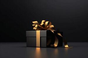 Black gift box with golden ribbon isolated on Black Background. 3d illustration of black gift box with gold ribbon. Generative AI photo