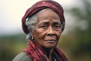 A contemplative black senior woman closing eyes in meditation photo