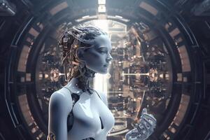 White woman cyborg on blurred background using digital chart interface 3D rendering photo