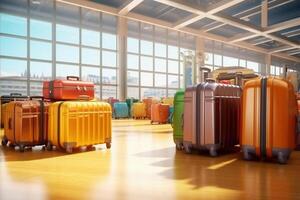 Suitcases in airport departure lounge, airplane in background, summer vacation concept, traveler suitcases in airport terminal waiting area, empty hall interior with large windows, Generative AI photo