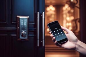 Woman locking smartlock on the entrance door using a smart phone. Concept of using smart electronic locks with keyless access photo