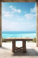 Wooden bamboo sunbeds on old wood ,beautiful beach and sea scenery background Generative AI photo