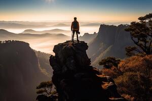 Back view of male manager carrying a suitcase while standing on the hills and looking at misty mountain. Shot at sunrise time Generative AI photo