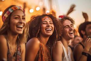 Happy friends from diverse cultures and races taking selfie with back lighting - Youth and friendship concept with young people having fun together - Main focus on left two guys -Generative AI photo