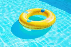 vistoso inflable tubo flotante en nadando piscina, verano vacaciones concepto generativo ai foto