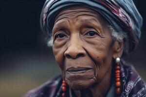 A contemplative black senior woman closing eyes in meditation photo