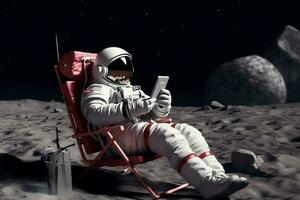 Astronaut sits in a beach chair on a Moon surface, holding phone in hands Generative AI photo