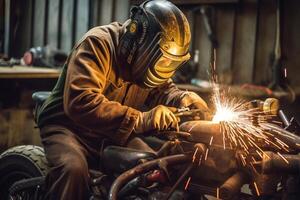 Welder on steel structure in factory photo