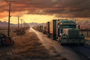 a long traffic jam of many trucks at the border , a long wait for customs checks between States due to the coronavirus epidemic, increased sanitary inspection of cargo transport photo