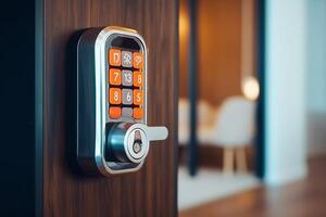 Smart Digital touch screen keypad access by entering pass code digits, Electronic digital door handles on wood door Hotel or apartment door, future modern safety security technology more safe secure photo