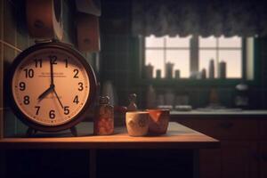 Alarm clock and a cup of morning coffee with a coffee machine on the background of the kitchen interior.A glass of coffee on the table with a clock in the morning. Good morning concept. photo