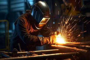 Welder on steel structure in factory Generative AI photo