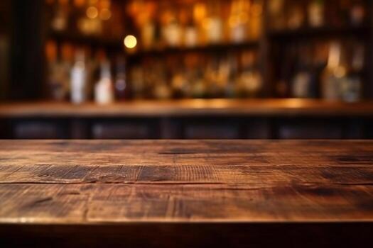 blurred background of bar and dark brown desk space of retro wood photo