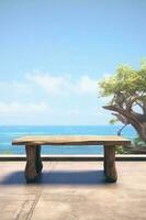 Wooden bamboo sunbeds on old wood ,beautiful beach and sea scenery background Generative AI photo