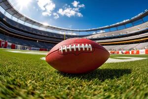 American football stadium full of fans in the stands with ball ready for kickoff or field goal on the field. Deliberate focus on foreground and copy space. Generative AI photo