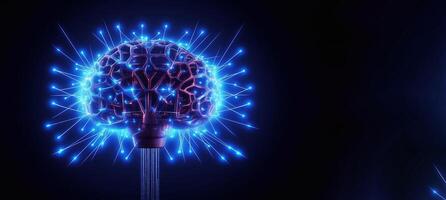 Futuristic blue digital brain in cyberspace. Neurons firing in MRI scan of artificial intelligence neural network. Medical research of brain activity. Deep learning, AI and modern photo