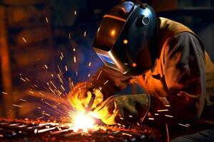 Welder on steel structure in factory photo