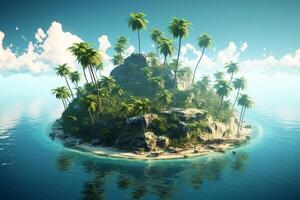 3D illustration blue tropical background of the sea in summer blurred with palm leaves and sunshine. Sea and sky with white clouds Summer holiday photo