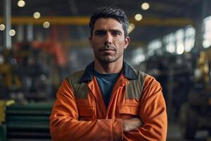 Portrait of construction worker in uniform is in the factory. photo