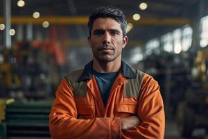 retrato de construcción trabajador en uniforme es en el fábrica. generativo ai foto