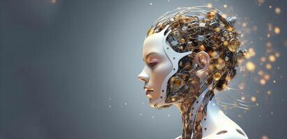 White woman cyborg on blurred background using digital chart interface 3D rendering photo
