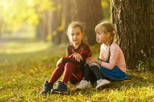 dos pequeño muchachas en otoño parque foto