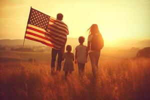 Patriotic holiday. Back view of happy family, parents and daughters children girls with American flag outdoors. USA celebrate 4th of July. High quality photo Generative AI