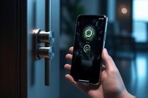 Smart Digital touch screen keypad access by entering pass code digital door handles on wood door Hotel or apartment door, future modern safety security technology more safe secure photo