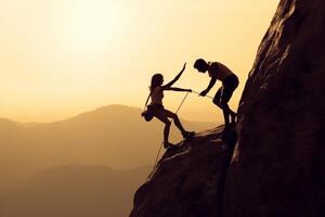 Silhouettes of man and woman helping each other to climb on hill against sunset photo