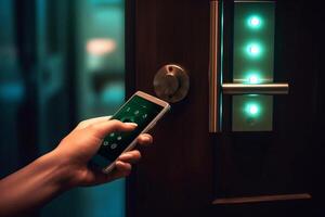 Woman locking smartlock on the entrance door using a smart phone. Concept of using smart electronic locks with keyless access photo
