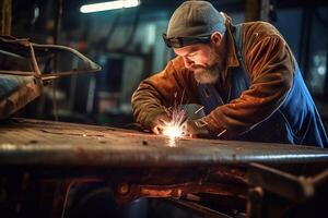 Welder on steel structure in factory photo
