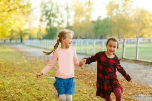 dos pequeño muchachas en otoño parque foto